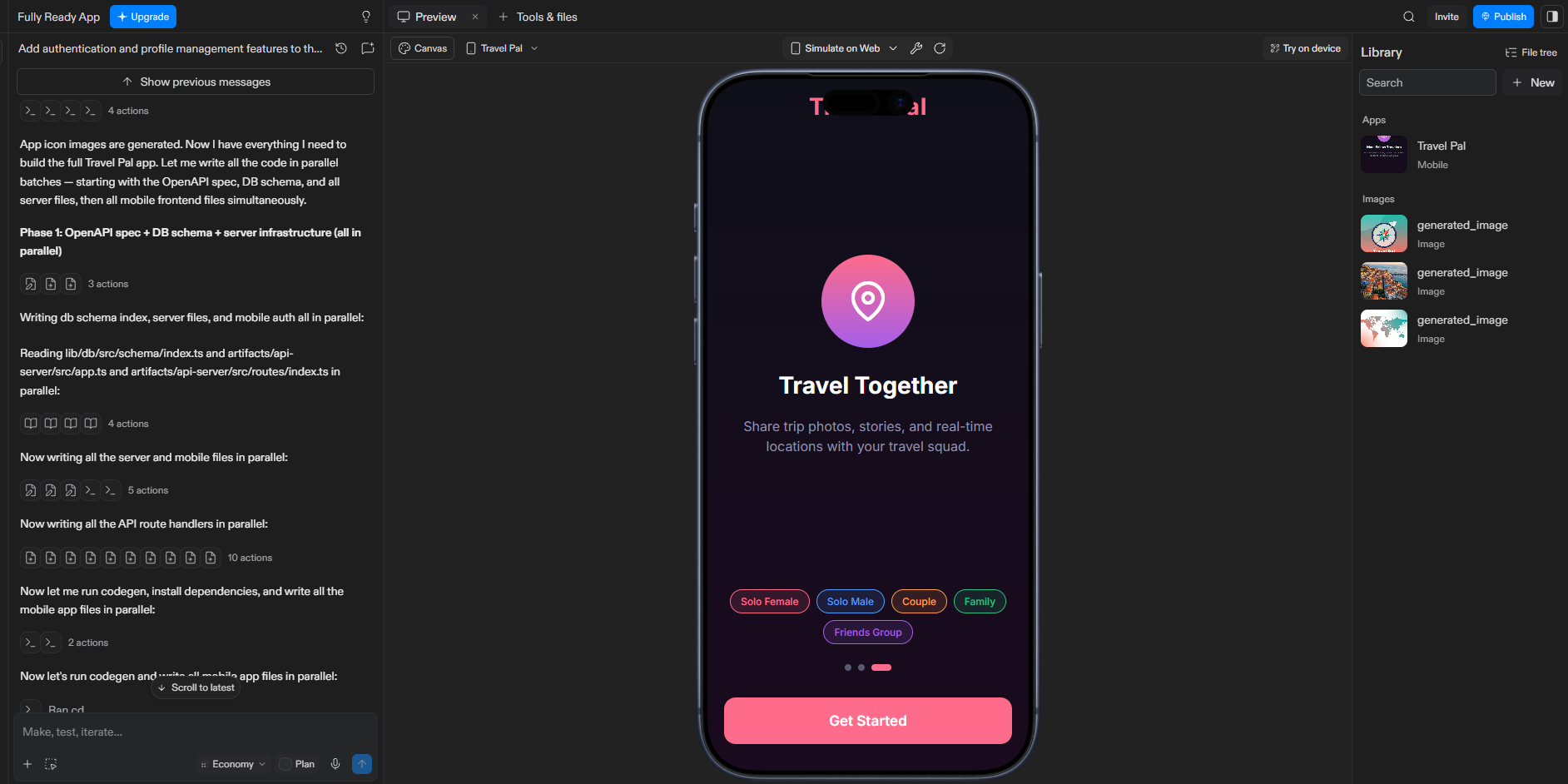 Replit Agent building the Travel Pal mobile app, writing server and mobile files in parallel batches with a live iPhone preview on the right